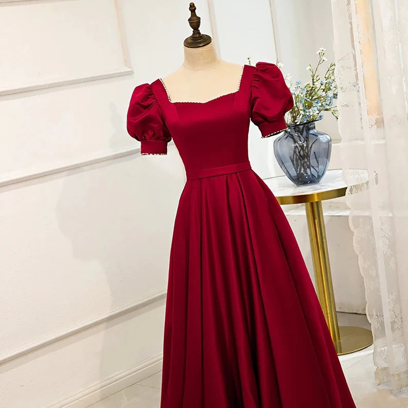 Vestido de fiesta rojo de manga corta, vestido de cumpleaños de satén de corte A