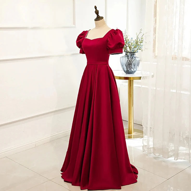 Vestido de fiesta rojo de manga corta, vestido de cumpleaños de satén de corte A