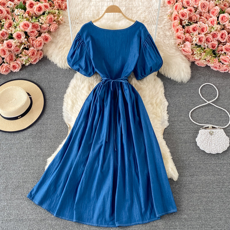 Simple V Neckline Denim Dress A Line Fashion Dress 10836