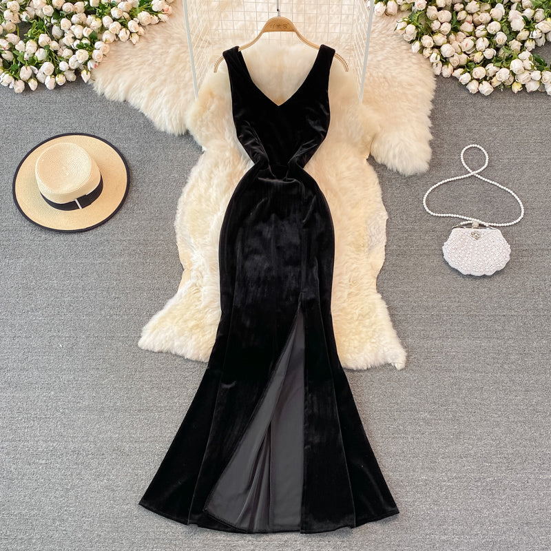 Sexy V Neck Velvet Long Dress Fashion Dress 10782