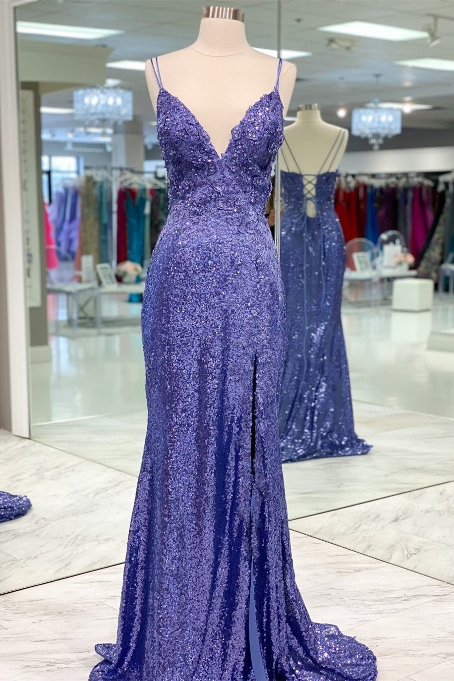 Vestido de fiesta largo de sirena con lentejuelas moradas y abertura, vestido de noche azul marino.