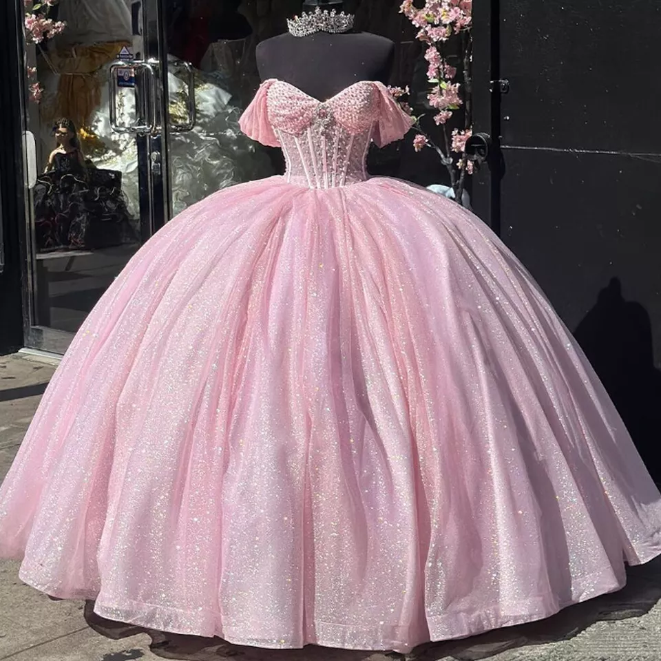 Vestidos de quinceañera con brillo rosa, vestido de fiesta para cumpleaños XV