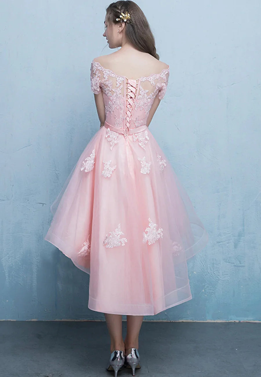 Pink Lace High Low Prom Dress, A-Line Off the Shoulder Party Dress
