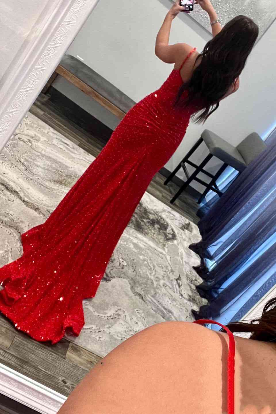 Vestido de fiesta de sirena con tirantes y escote pronunciado, lentejuelas azul marino, vestidos de noche rojos