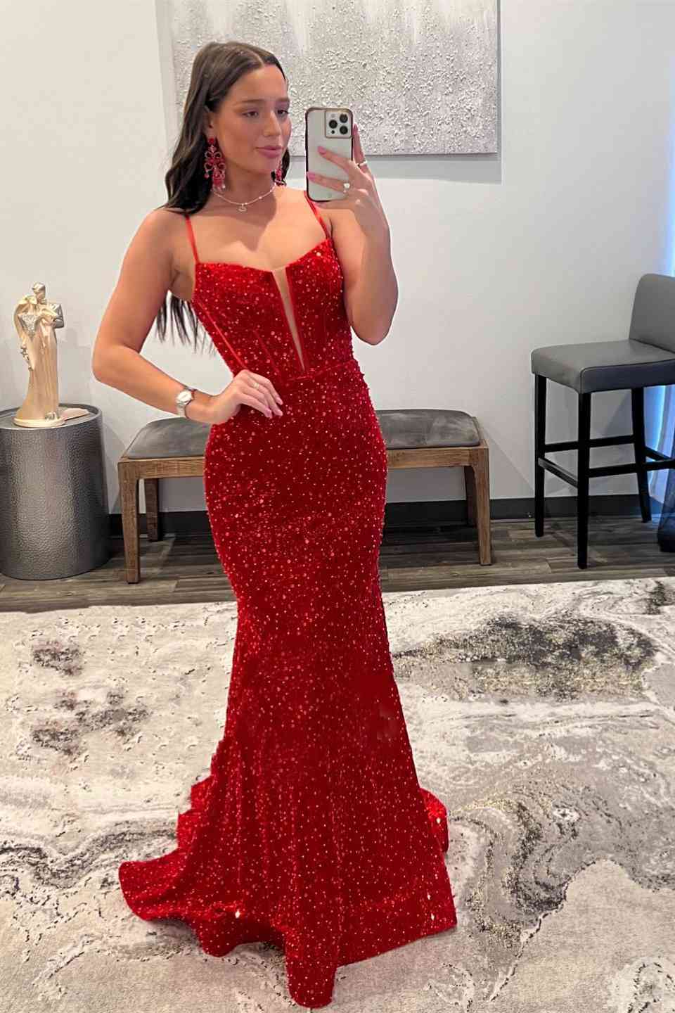 Vestido de fiesta de sirena con tirantes y escote pronunciado, lentejuelas azul marino, vestidos de noche rojos