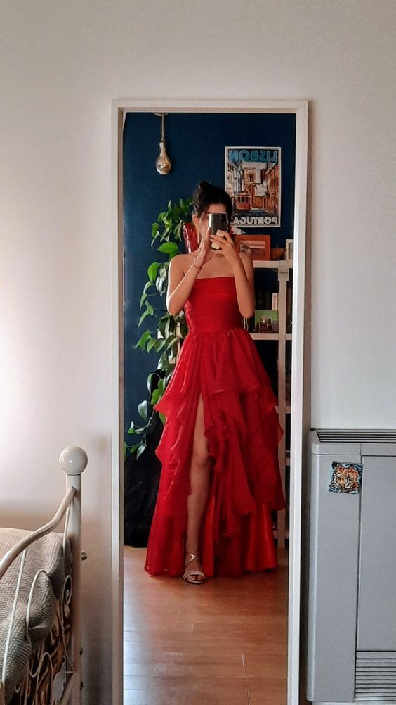 Vestido de fiesta largo rojo con volantes, corte A, vestidos de noche con abertura