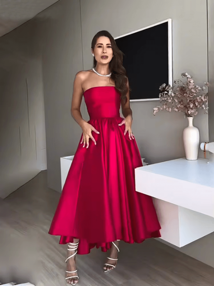 Vestido de fiesta de satén rojo sin tirantes, corte A, sencillo, para ocasiones formales