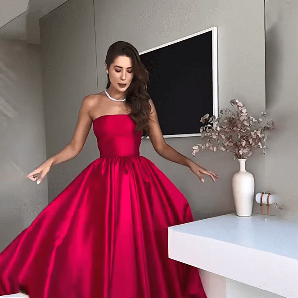 Vestido de fiesta de satén rojo sin tirantes, corte A, sencillo, para ocasiones formales
