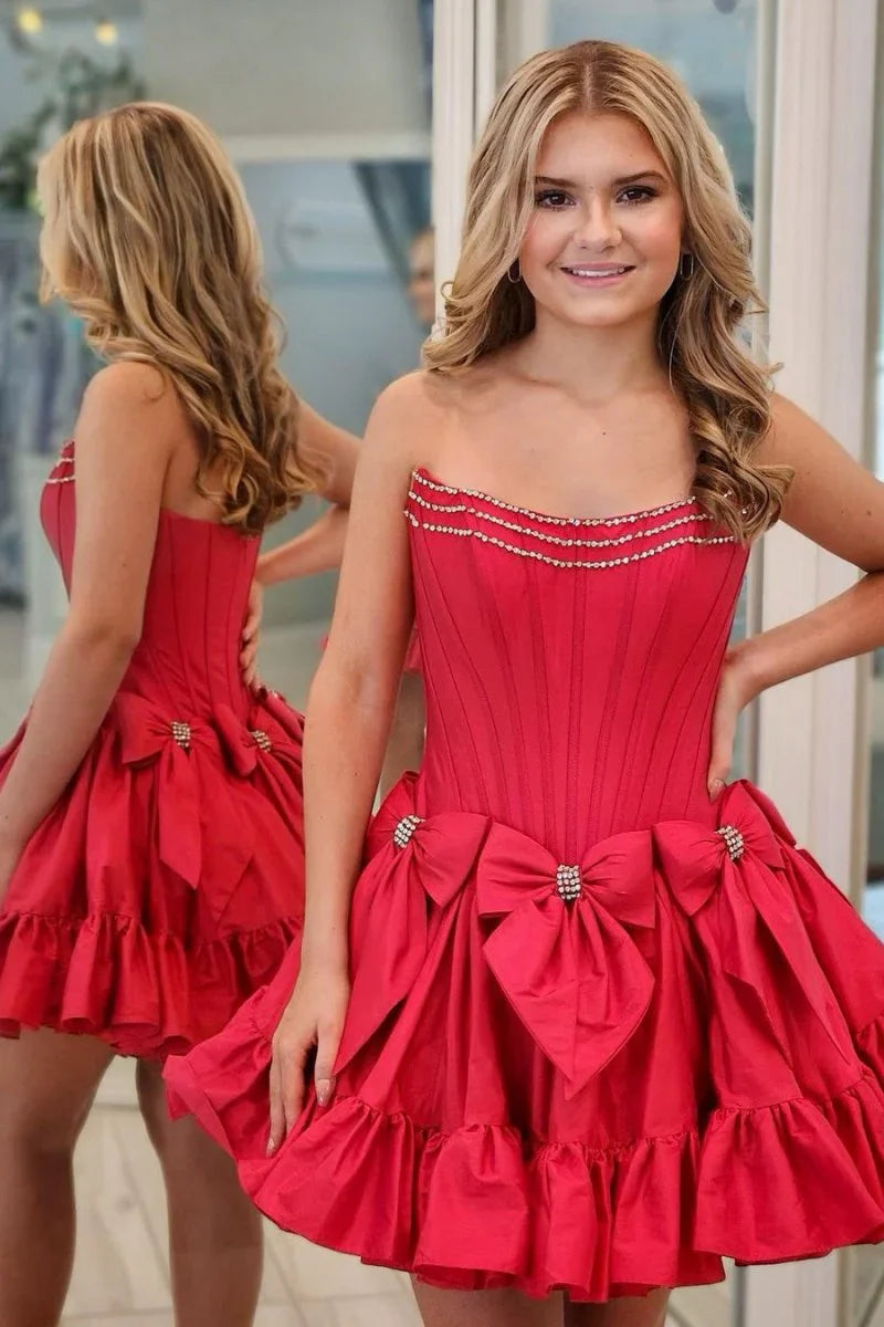 Vestido de fiesta vintage rojo con lazo y volantes, sin tirantes, TP3759