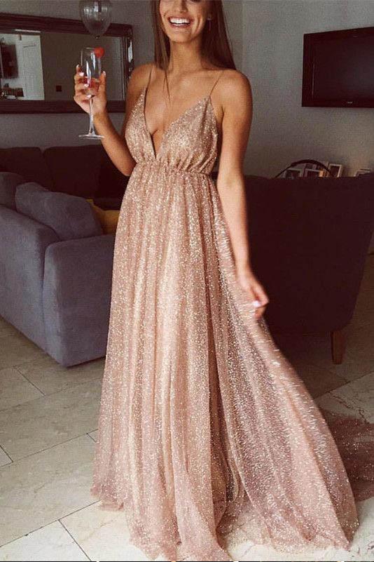 Spaghetti Strap Backless Sequins Prom Dress, Sexy Sparkly V Neck Party Dresses