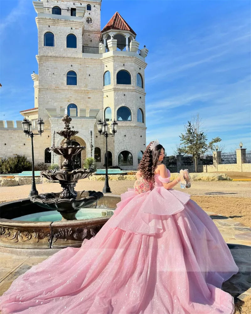 Hermoso vestido de quinceañera largo de tul rosa con hombros descubiertos, vestido formal de 15 años, vestido de dulces 16 DH1841