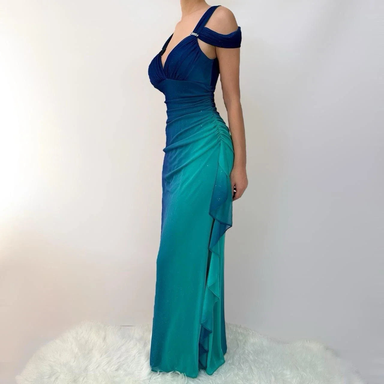 Vestido de noche largo vintage de gasa con degradado azul verdoso brillante y diseño único con tirantes, TP2505