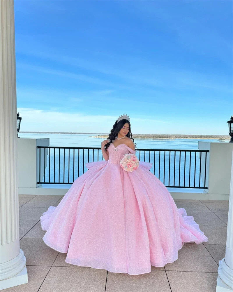 Hermoso vestido de quinceañera largo de tul rosa con hombros descubiertos, vestido formal de 15 años, vestido de dulces 16 DH1841
