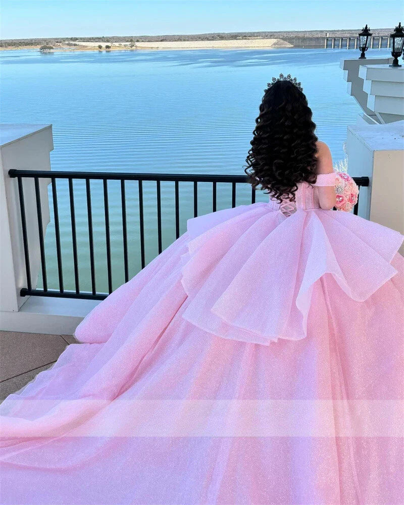 Hermoso vestido de quinceañera largo de tul rosa con hombros descubiertos, vestido formal de 15 años, vestido de dulces 16 DH1841