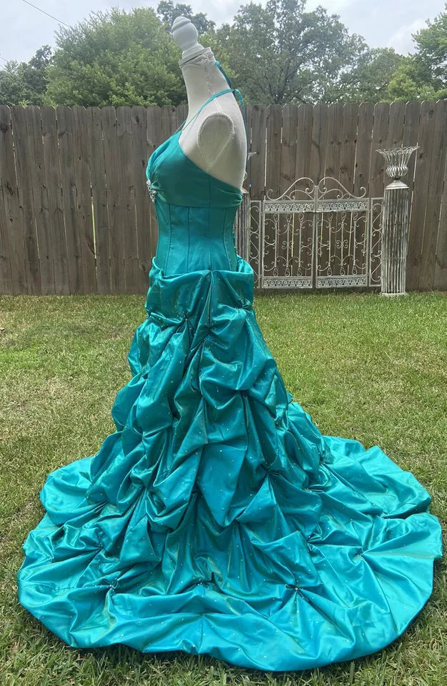 Green Gorgeous Vintage Strap Long Elegant Satin Pleated Ball Gown Evening Dress gh3311