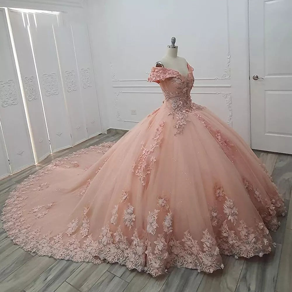 Hermoso vestido de quinceañera con apliques rosas, hombros descubiertos, corte A, largo hasta el suelo, para fiesta de graduación, cumpleaños, noche, baile, TP4536