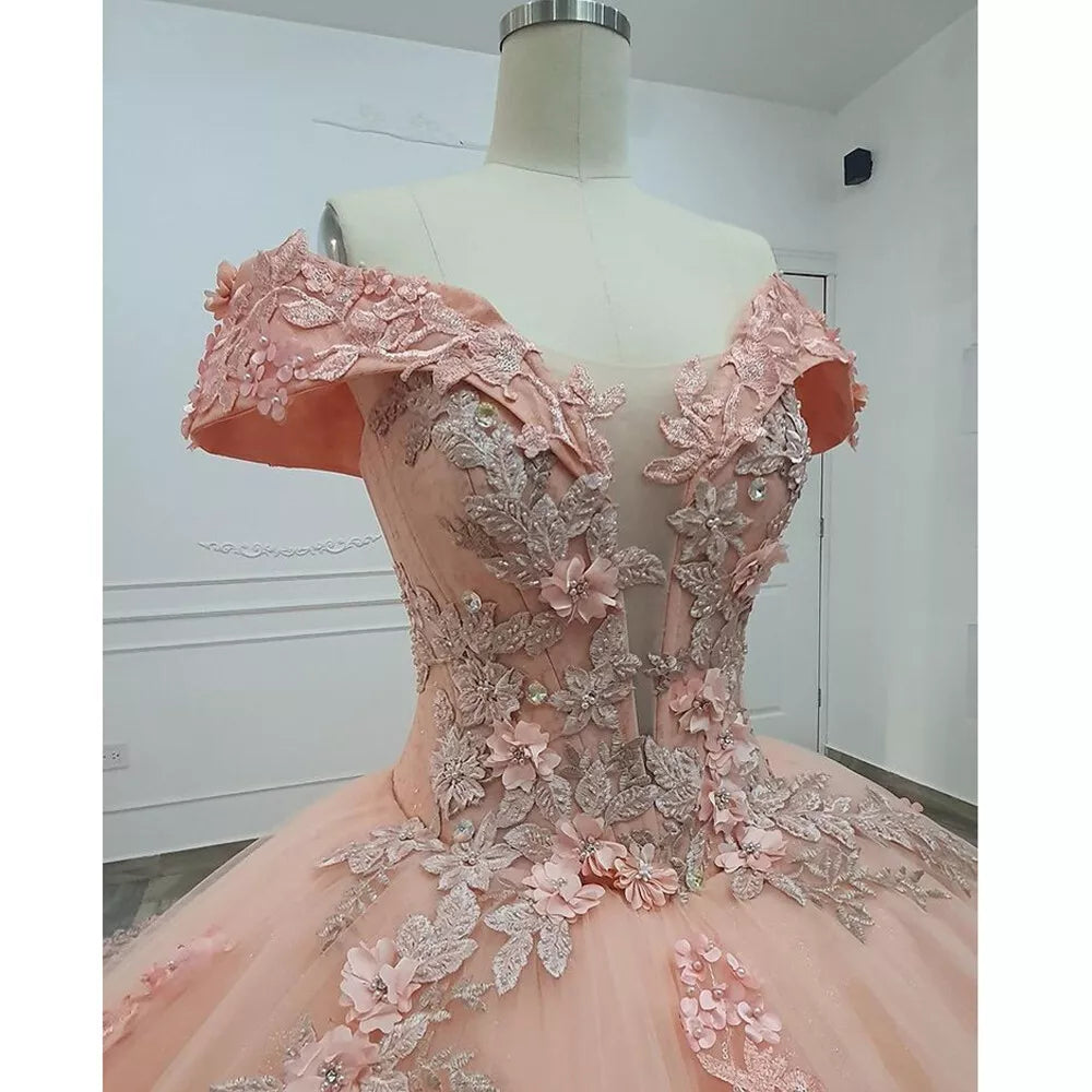 Hermoso vestido de quinceañera con apliques rosas, hombros descubiertos, corte A, largo hasta el suelo, para fiesta de graduación, cumpleaños, noche, baile, TP4536