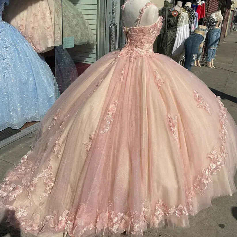Vestidos de quinceañera de tul con apliques de corazón en rosa retro, corte A, con flores 3D, para 18 cumpleaños, TP4122