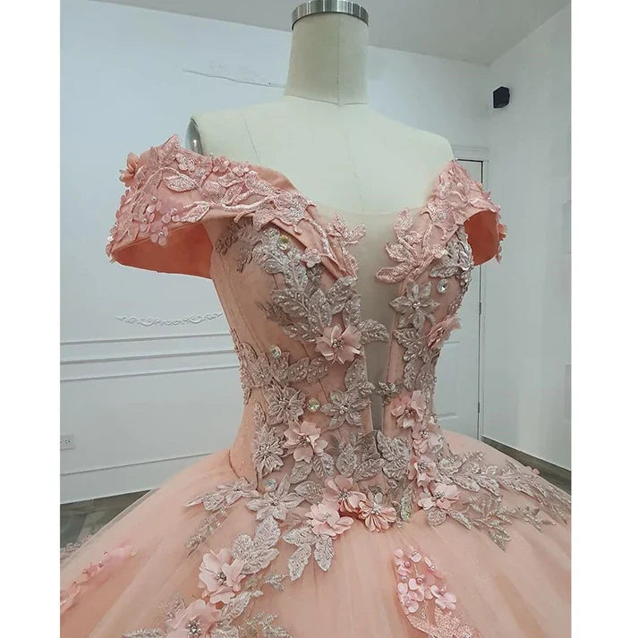 Hermoso vestido de quinceañera con apliques rosas, hombros descubiertos, corte A, largo hasta el suelo, para fiesta de graduación, cumpleaños, noche, baile, TP4536