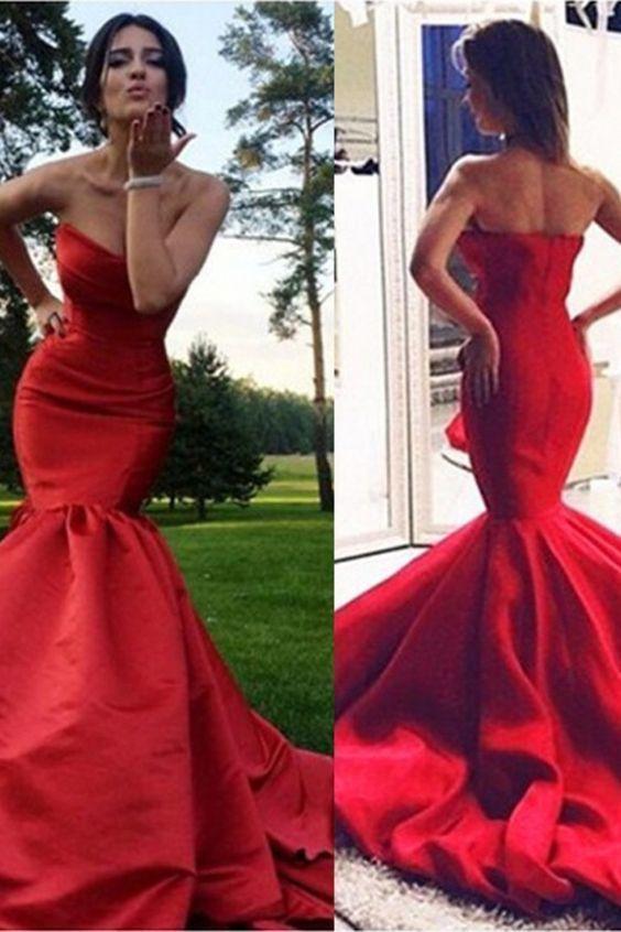 Vestido de sirena rojo sin tirantes de satén para fiesta de graduación con espalda abierta, vestido de noche