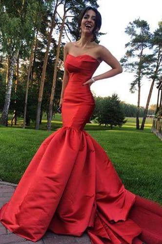 Vestido de sirena rojo sin tirantes de satén para fiesta de graduación con espalda abierta, vestido de noche