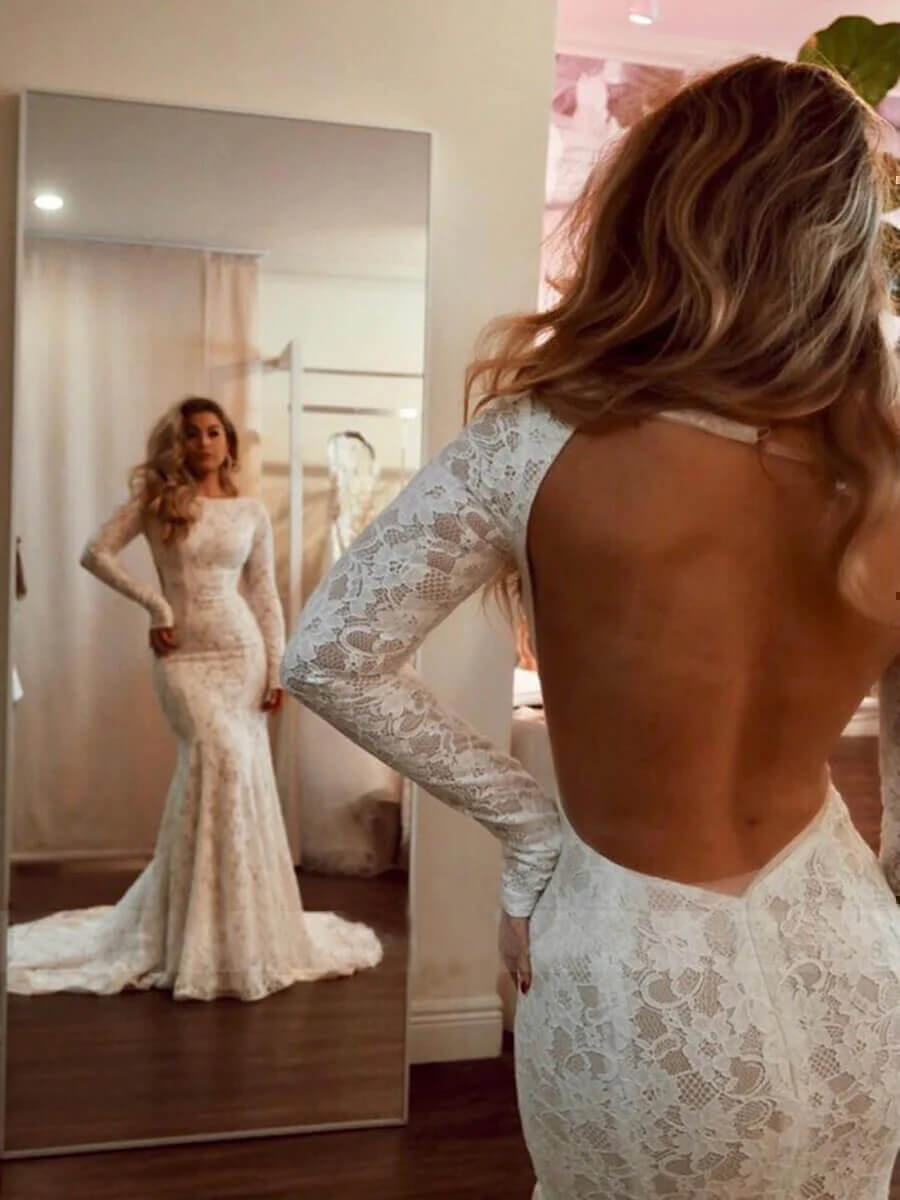Vestidos de novia sexys de encaje estilo sirena con espalda abierta y mangas largas