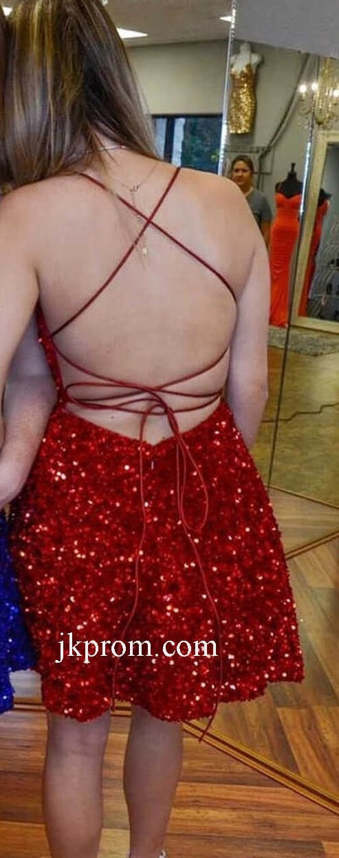 Vestido corto de lentejuelas para cóctel y fiesta azul real con bolsillos