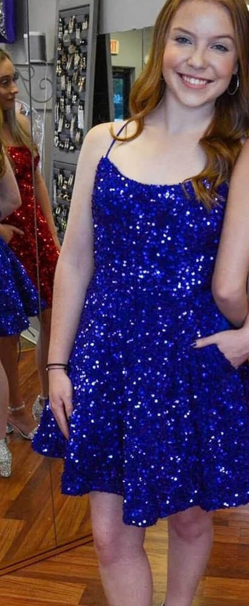 Vestido corto de lentejuelas para cóctel y fiesta azul real con bolsillos