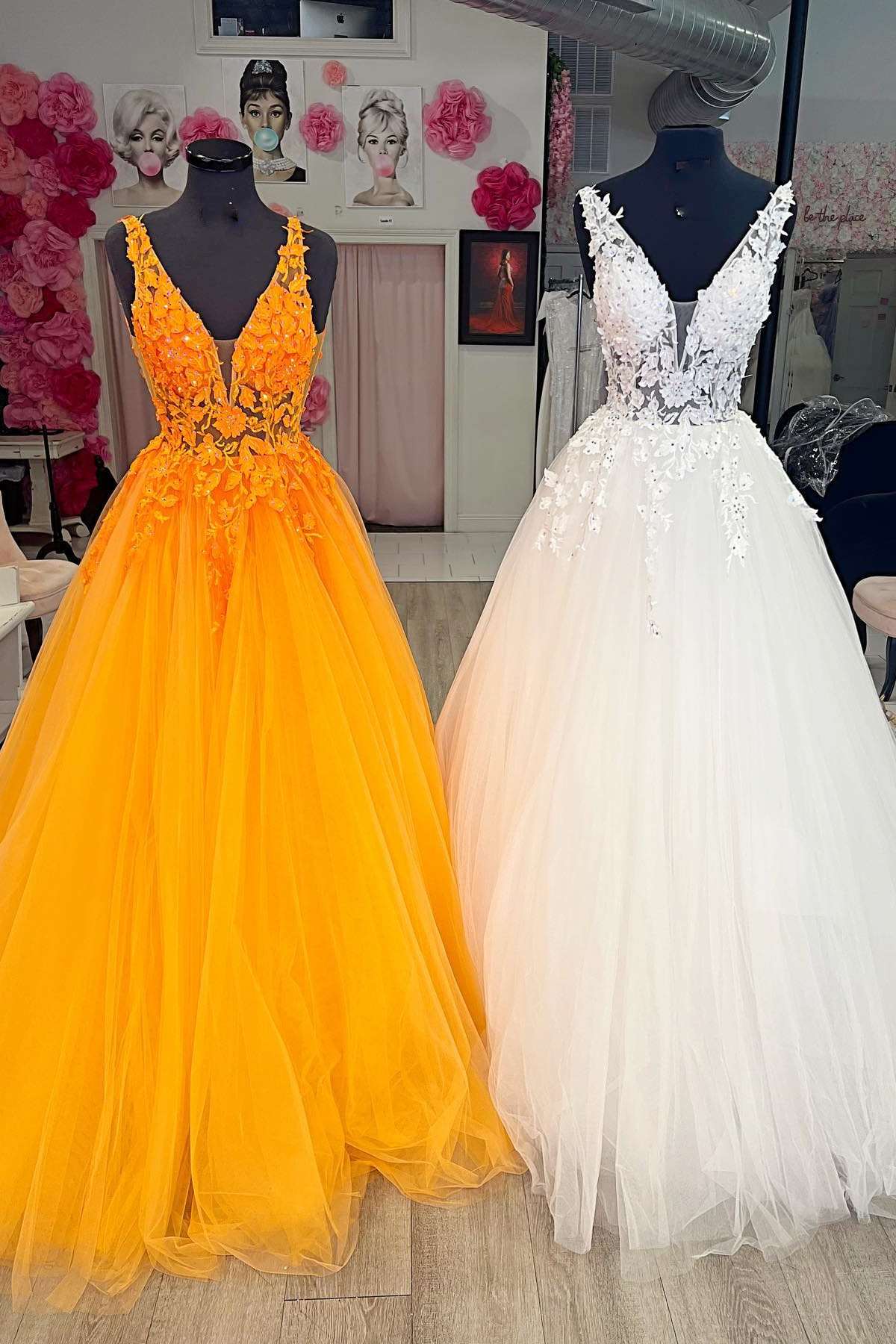 Stunning Appliques V-Neck A-Line Orange Tulle Long Prom Dresses GP359