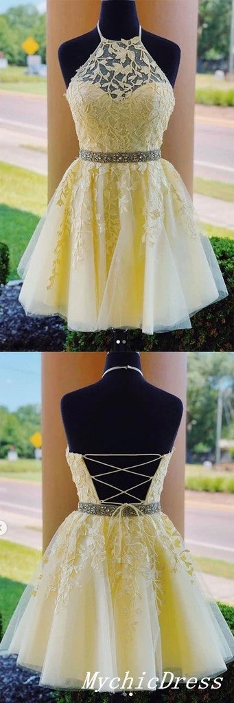 Vestidos de fiesta de encaje lila con cinturón de cuentas y corte A amarillo corto