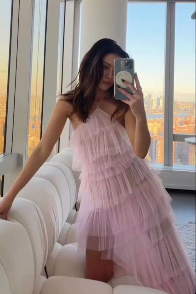 New Style Halter Ruffles Tulle Prom Dress With Slit,Charming Long Party Dress cg24858