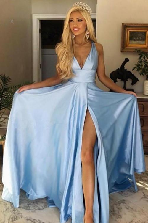 Vestido de fiesta largo azul cielo con abertura lateral en la pierna alta, vestidos de fiesta