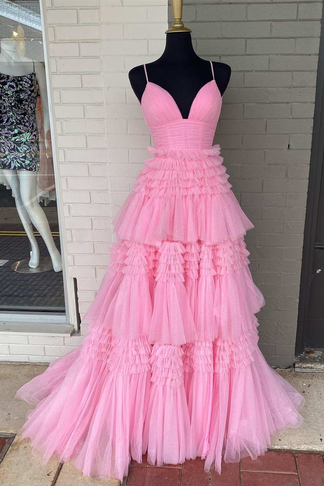 Glitter Black Tulle Tiered Prom Dresses, Long Graduation Gown With Slit GP361