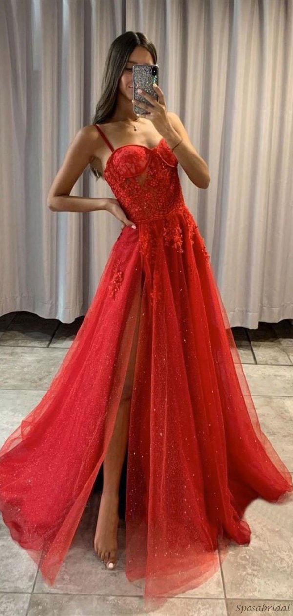 Vestido de fiesta largo de corte A con escote en forma de corazón, tirantes finos rojos brillantes y sexys, con abertura lateral y parte superior de encaje