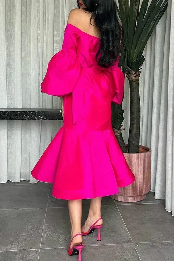 Vestido de fiesta midi con mangas abullonadas y cuello halter rosa intenso, vestido de novia, vestido formal
