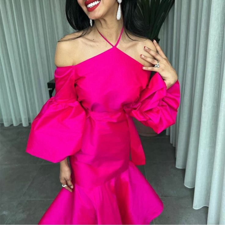 Vestido de fiesta midi con mangas abullonadas y cuello halter rosa intenso, vestido de novia, vestido formal