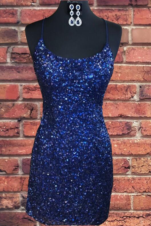 Vestido de fiesta corto ajustado con lentejuelas azul marino y brillantes para el regreso a casa