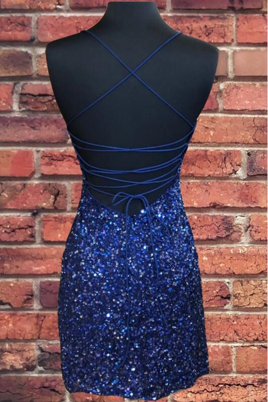Vestido de fiesta corto ajustado con lentejuelas azul marino y brillantes para el regreso a casa