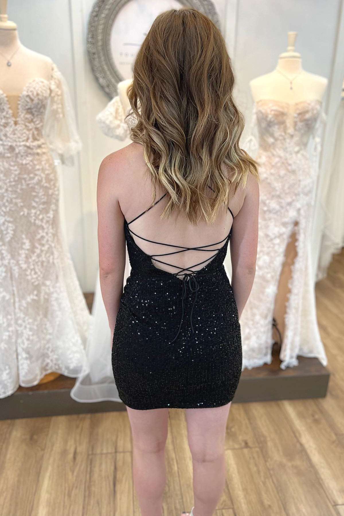 Vestido corto asimétrico de lentejuelas negras con cordones para el regreso a casa, vestidos de cóctel cortos formales