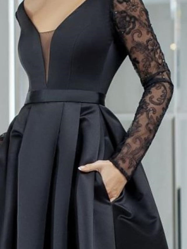 Vestidos de fiesta largos de encaje negro con mangas largas y escote en V, vestidos formales negros de corte alto y bajo