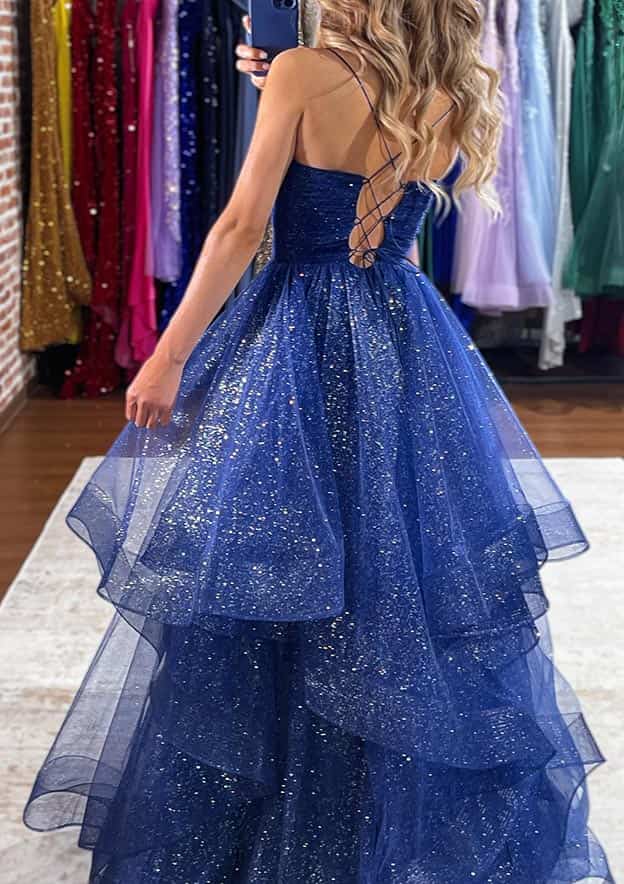 Sparkly V-Neck Tulle Long Prom Dress with Layered, Navy Blue Formal Gown GP635