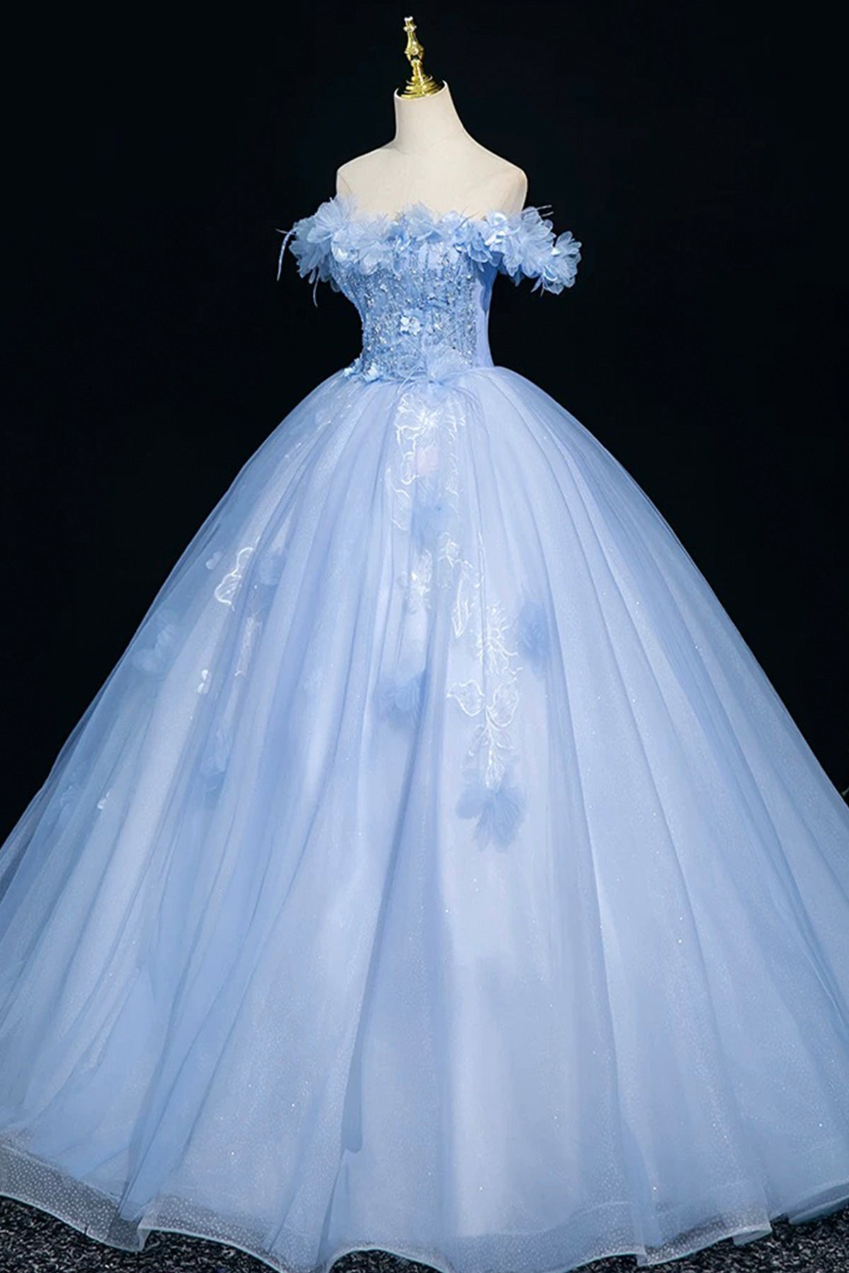 Blue Tulle Sequins Long Prom Dress, Beautiful A-Line Evening Party Dress