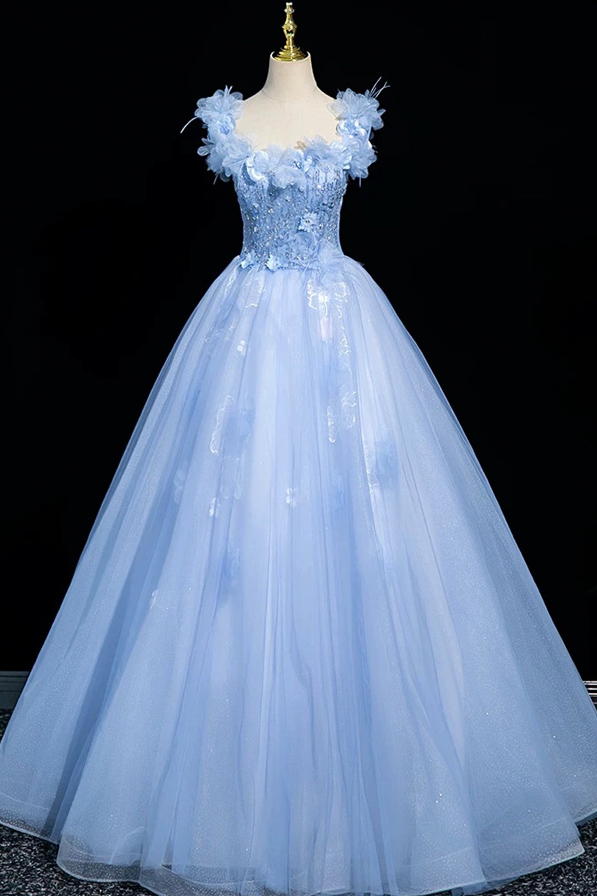 Blue Tulle Sequins Long Prom Dress, Beautiful A-Line Evening Party Dress