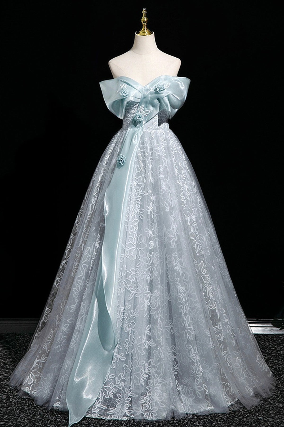Blue Tulle Lace Long Prom Dress, Beautiful A-Line Evening Party Dress