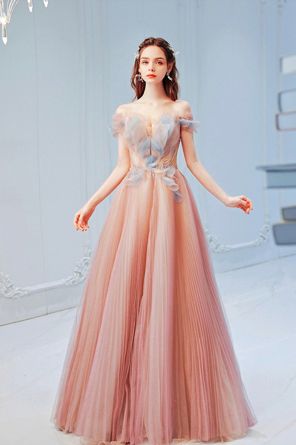 Pink Off the Shoulder Tulle Long Party Dress, Cute A-Line Prom Dress