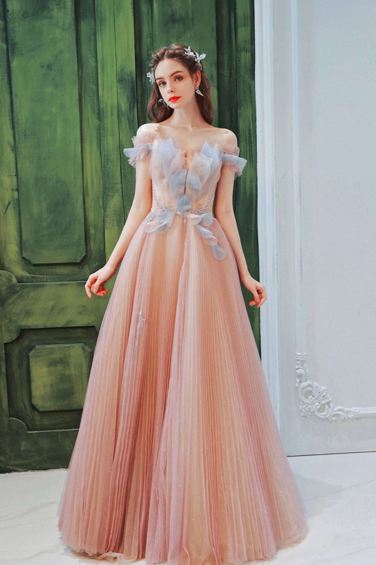 Pink Off the Shoulder Tulle Long Party Dress, Cute A-Line Prom Dress