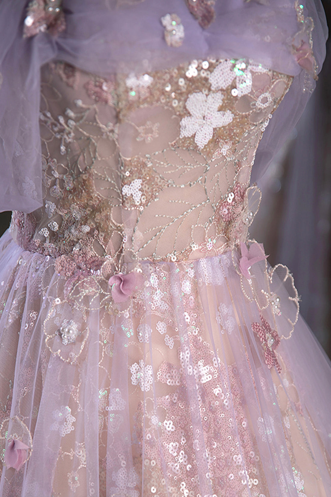 Lovely A-Line Off the Shoulder Sequins Prom Dress, Purple Tulle Corset Floor Length Evening Dress