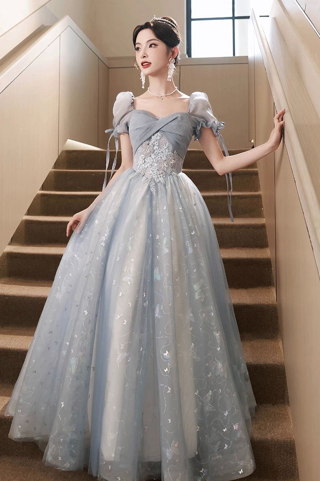 Beautiful Tulle Short Sleeves Formal Dress with Lace, Lovely Blue Long Prom Dress