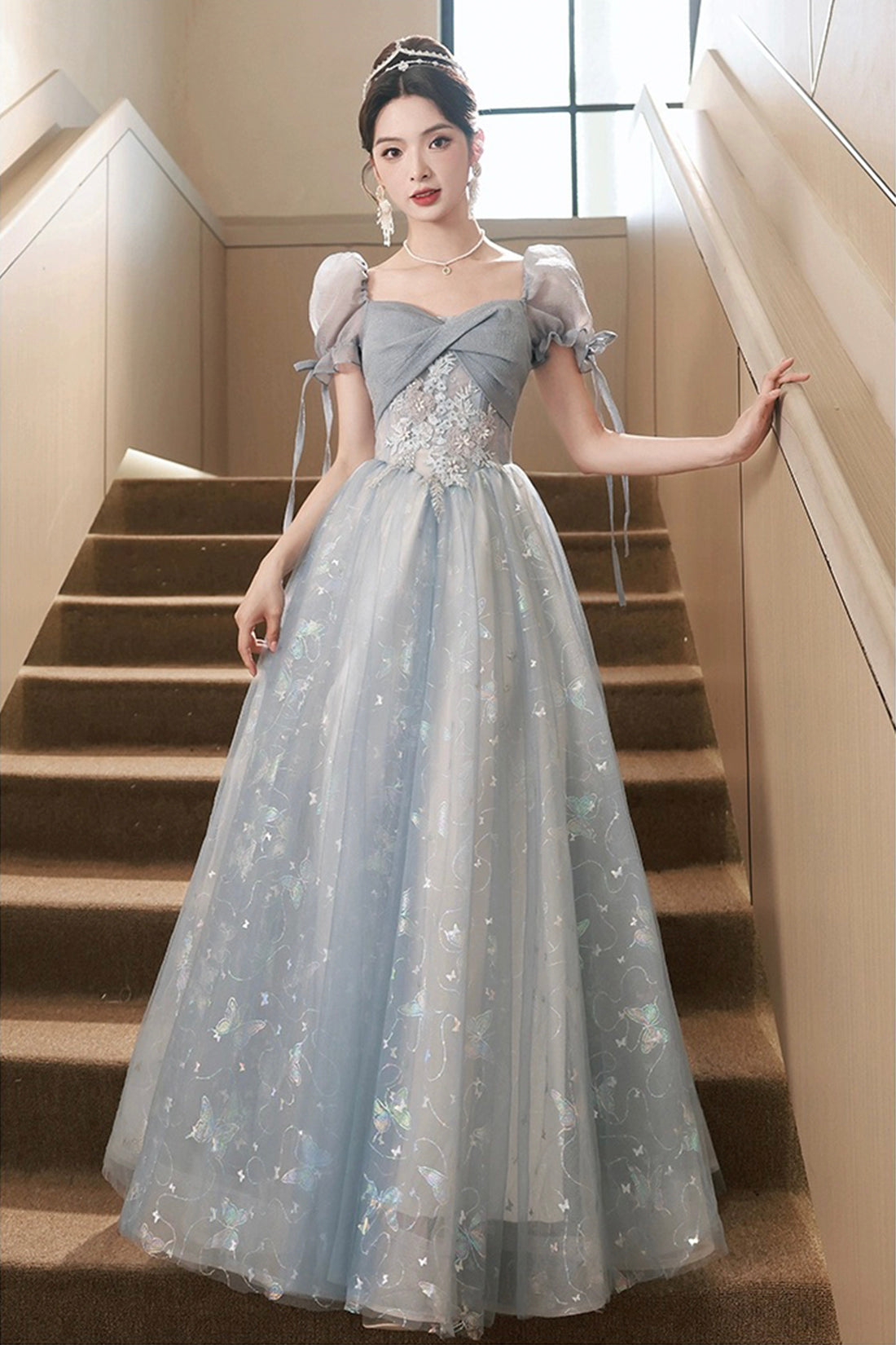 Beautiful Tulle Short Sleeves Formal Dress with Lace, Lovely Blue Long Prom Dress
