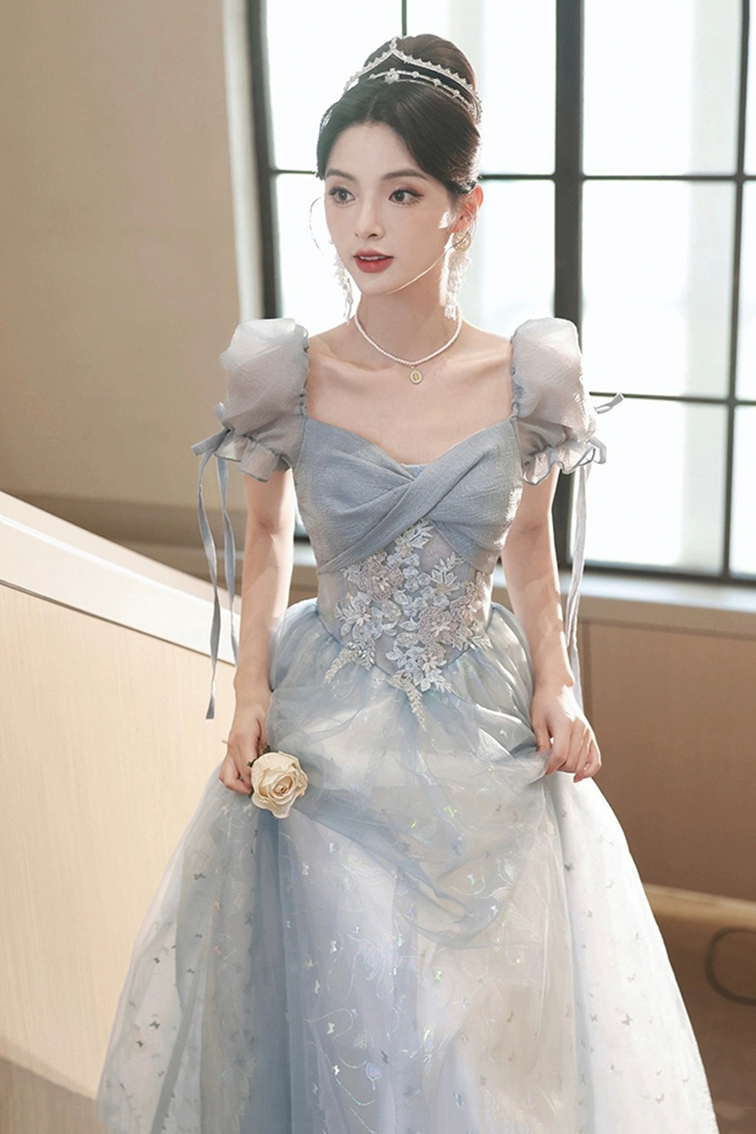 Beautiful Tulle Short Sleeves Formal Dress with Lace, Lovely Blue Long Prom Dress
